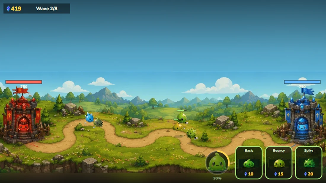 Battle mode: two castles either side of a lane, slimes advancing.