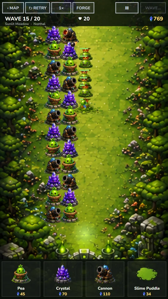 Tower defence: a full maze of crystal and cannon towers at wave 15 of 20.