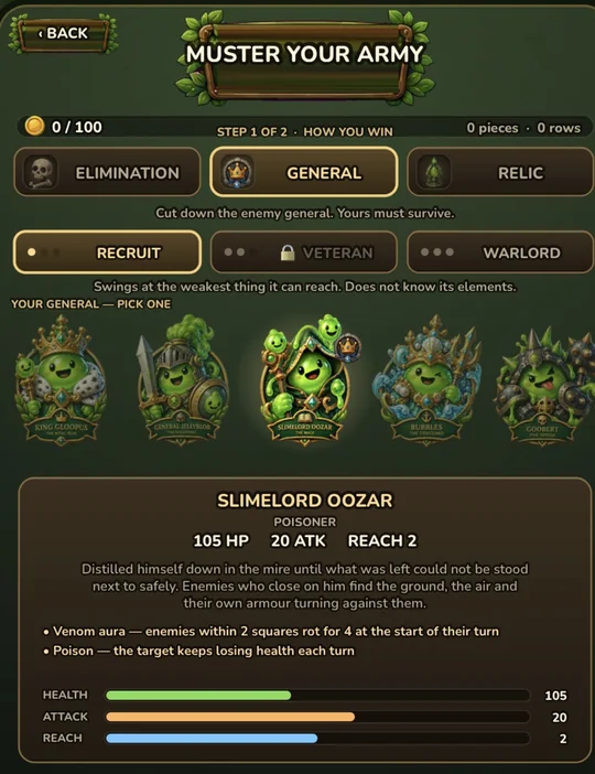 Choosing Slimelord Oozar as your general, with health, attack and reach.